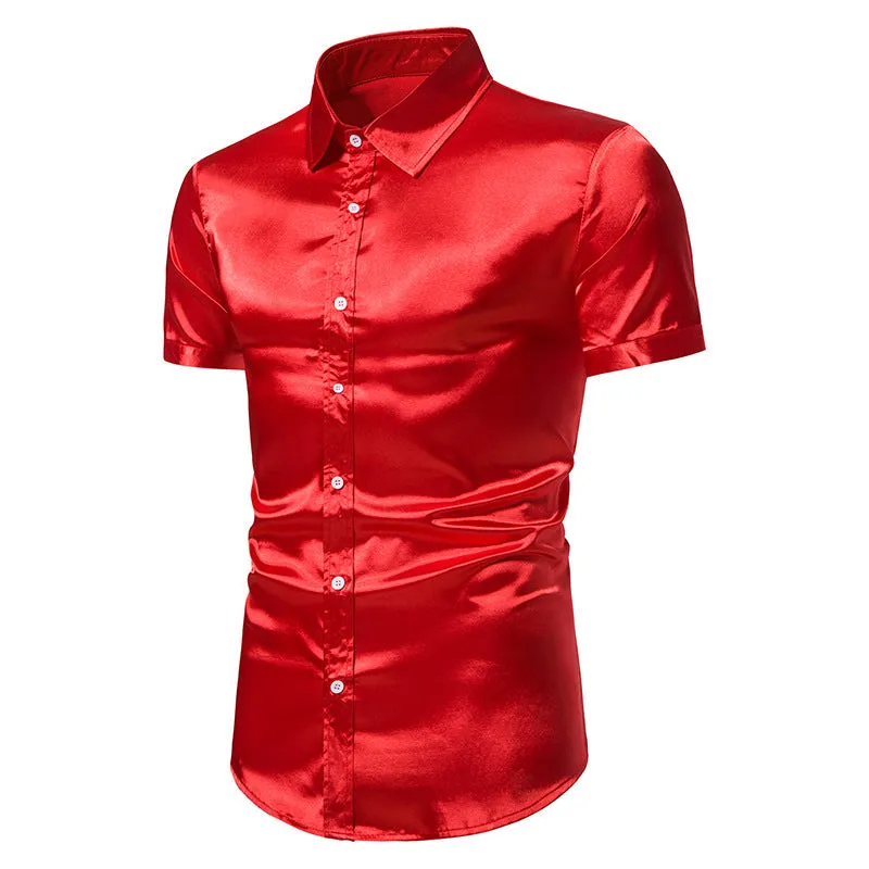 Men Glossy Turnover Collar Short Sleeves Shirt