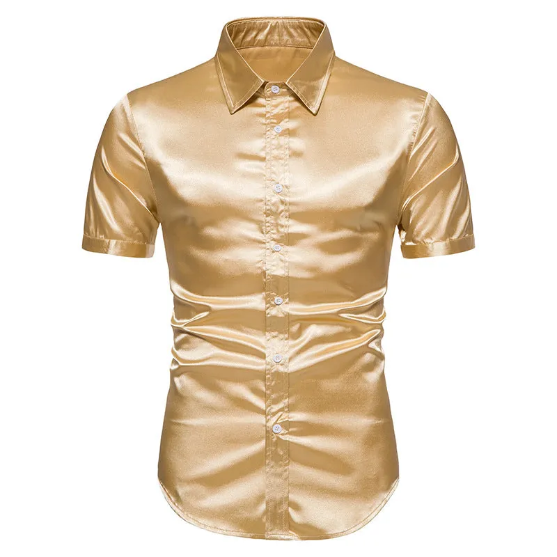 Men Glossy Turnover Collar Short Sleeves Shirt