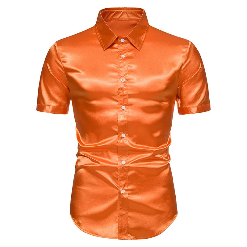 Men Glossy Turnover Collar Short Sleeves Shirt