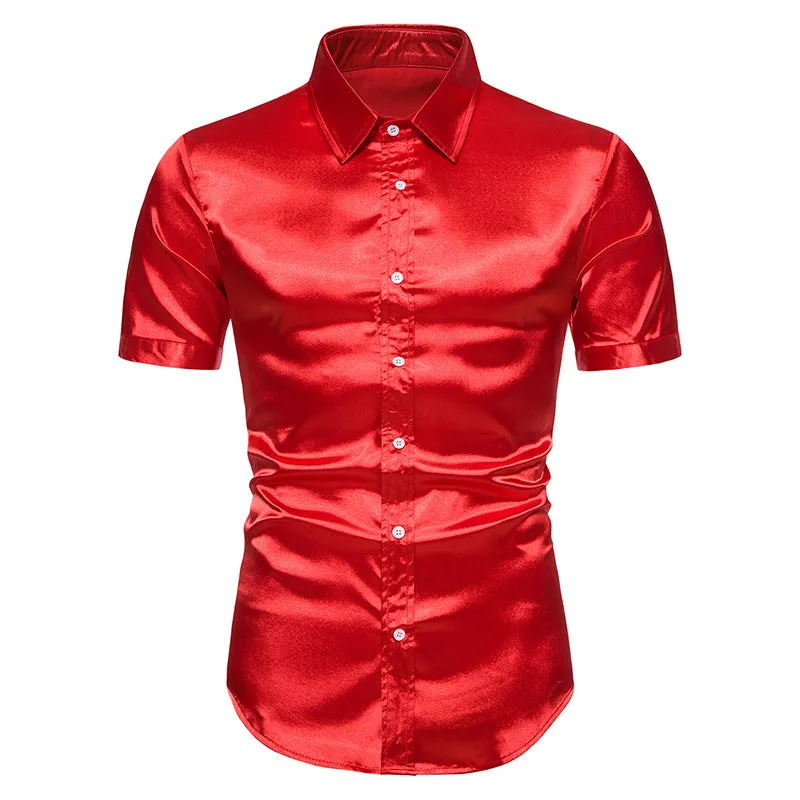 Men Glossy Turnover Collar Short Sleeves Shirt