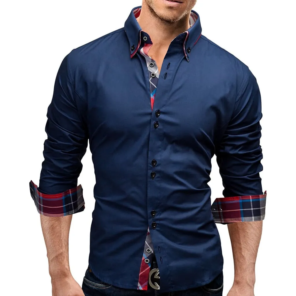 Men Lapel Collar Contrast Plaid Print Hem Solid Shirt