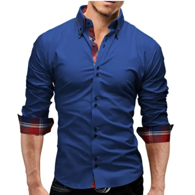 Men Lapel Collar Contrast Plaid Print Hem Solid Shirt