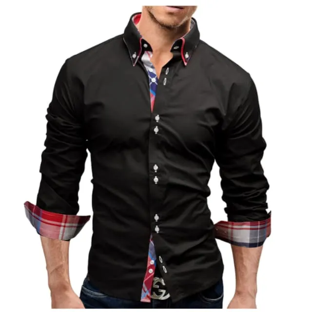 Men Lapel Collar Contrast Plaid Print Hem Solid Shirt