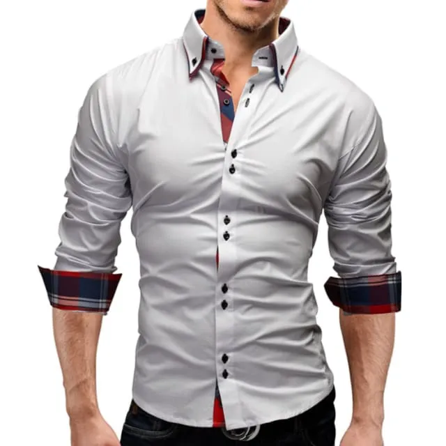 Men Lapel Collar Contrast Plaid Print Hem Solid Shirt