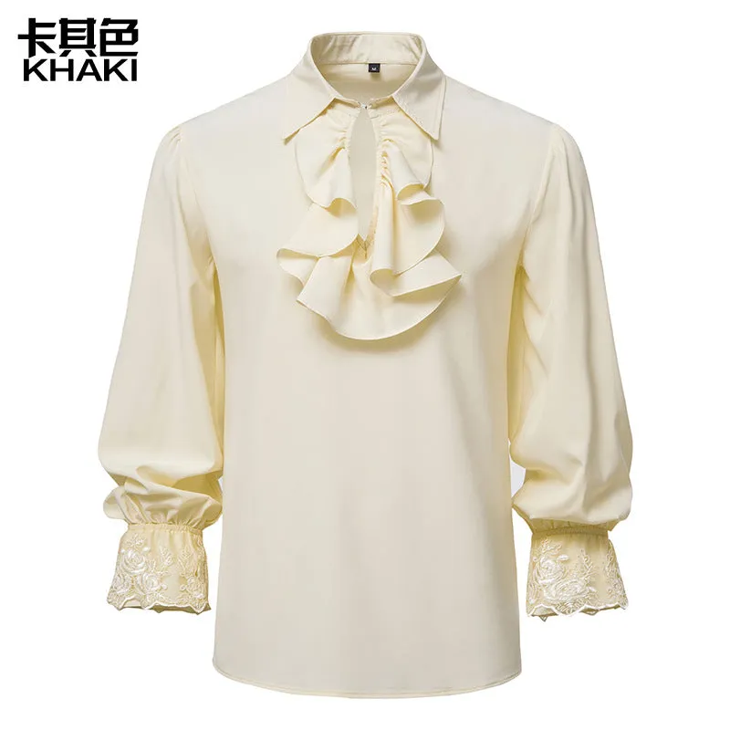 Men Ruffles Embroidery Turnover Collar Long Sleeves Shirt