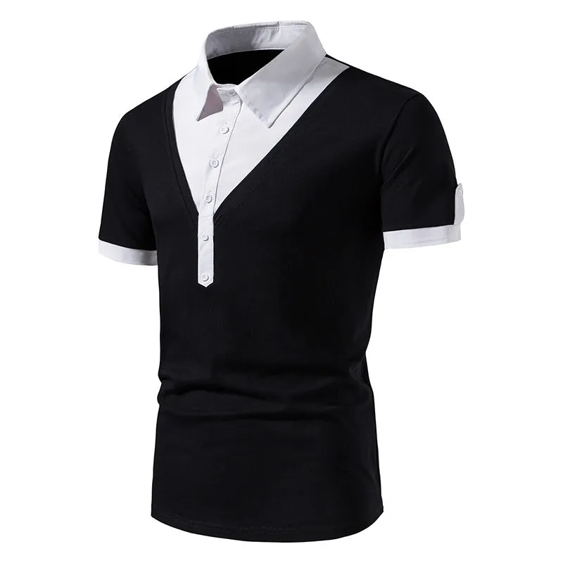 Men Turnover Collar Buttons Bicolor Short Sleeves T-Shirt