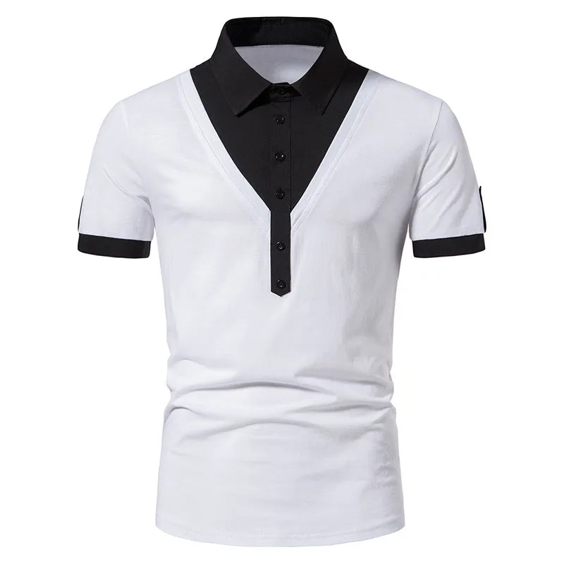 Men Turnover Collar Buttons Bicolor Short Sleeves T-Shirt