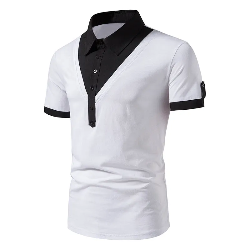 Men Turnover Collar Buttons Bicolor Short Sleeves T-Shirt