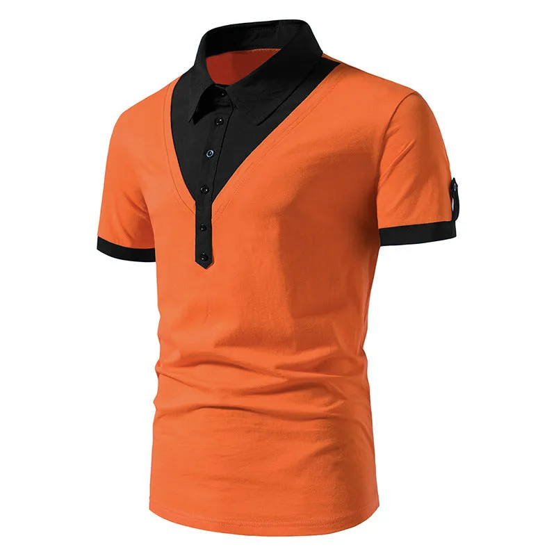 Men Turnover Collar Buttons Bicolor Short Sleeves T-Shirt