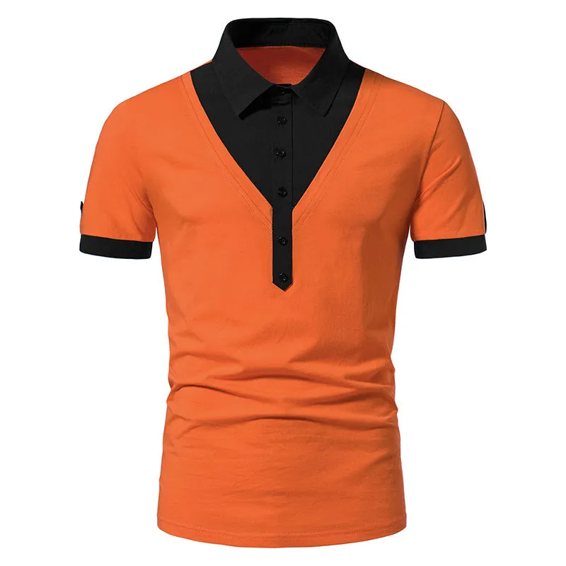 Men Turnover Collar Buttons Bicolor Short Sleeves T-Shirt