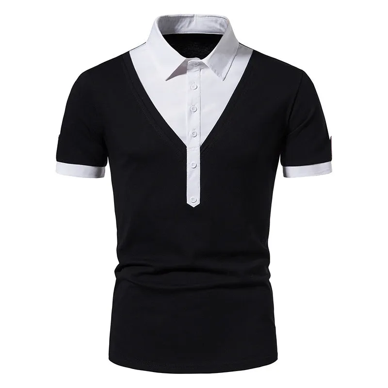 Men Turnover Collar Buttons Bicolor Short Sleeves T-Shirt