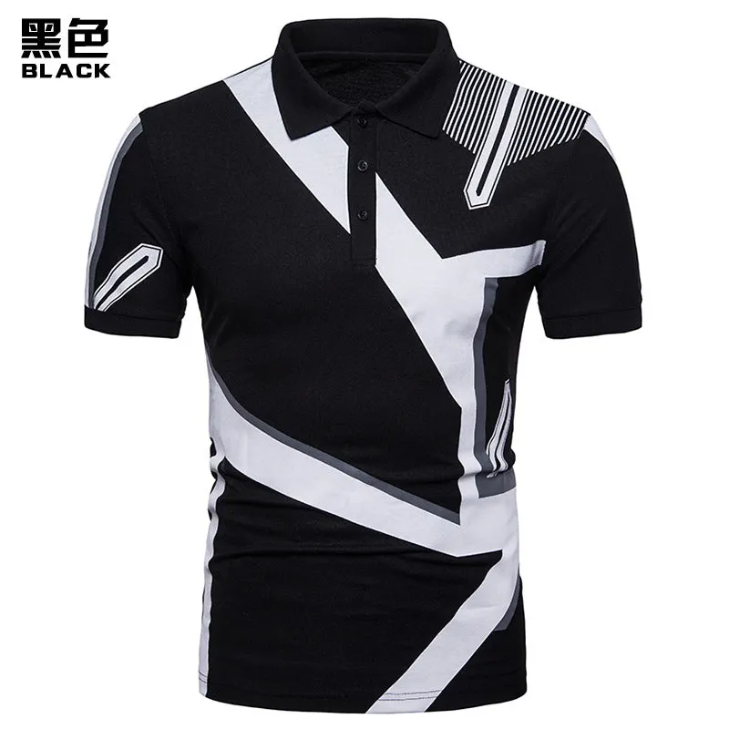 Men Turnover Collar Buttons Patchwork Short Sleeves T-Shirt