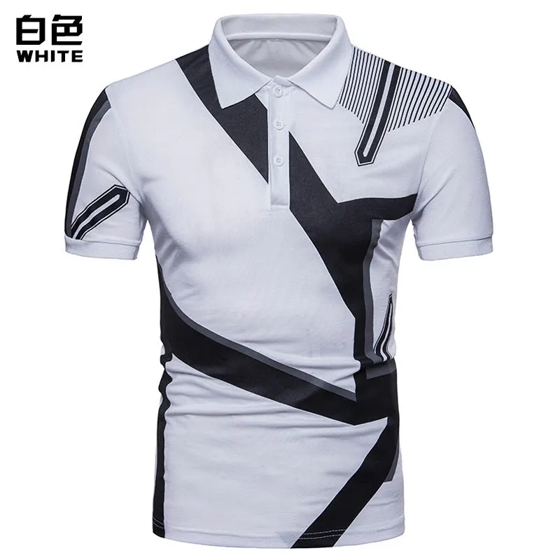 Men Turnover Collar Buttons Patchwork Short Sleeves T-Shirt