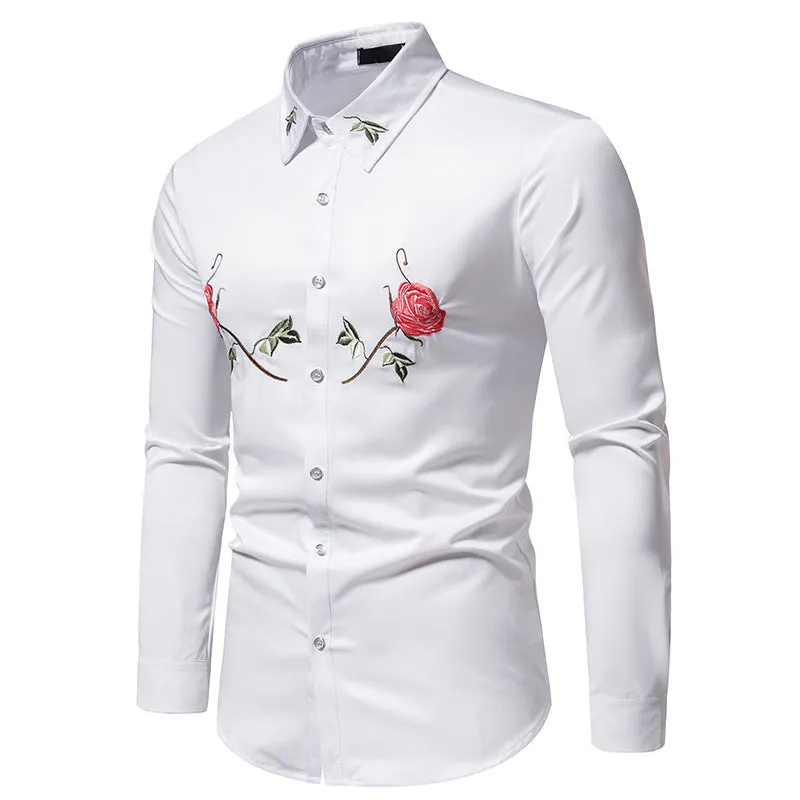 Men Turnover Collar Embroidery Floral Fabric Long Sleeves Shirt