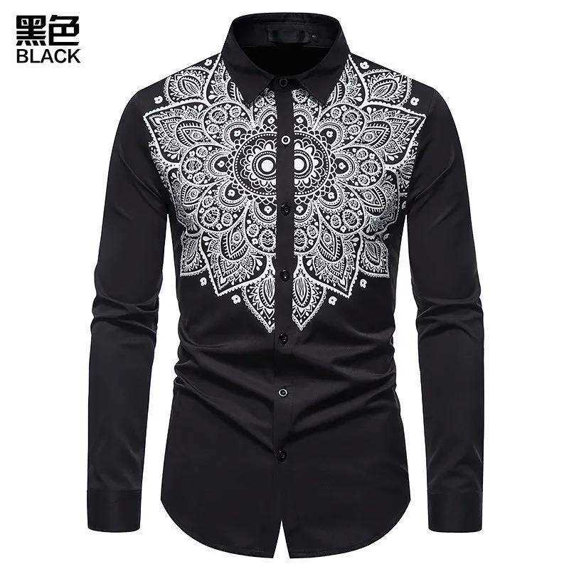 Men Turnover Collar Embroidery Floral Fabric Long Sleeves Shirt