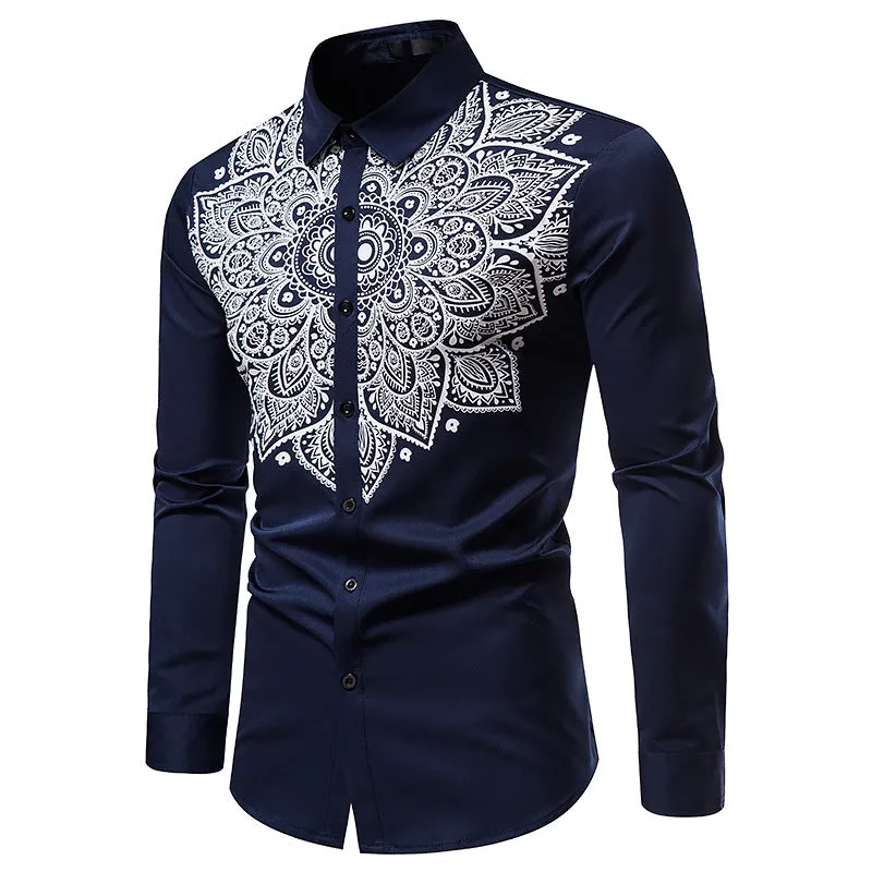 Men Turnover Collar Embroidery Floral Fabric Long Sleeves Shirt