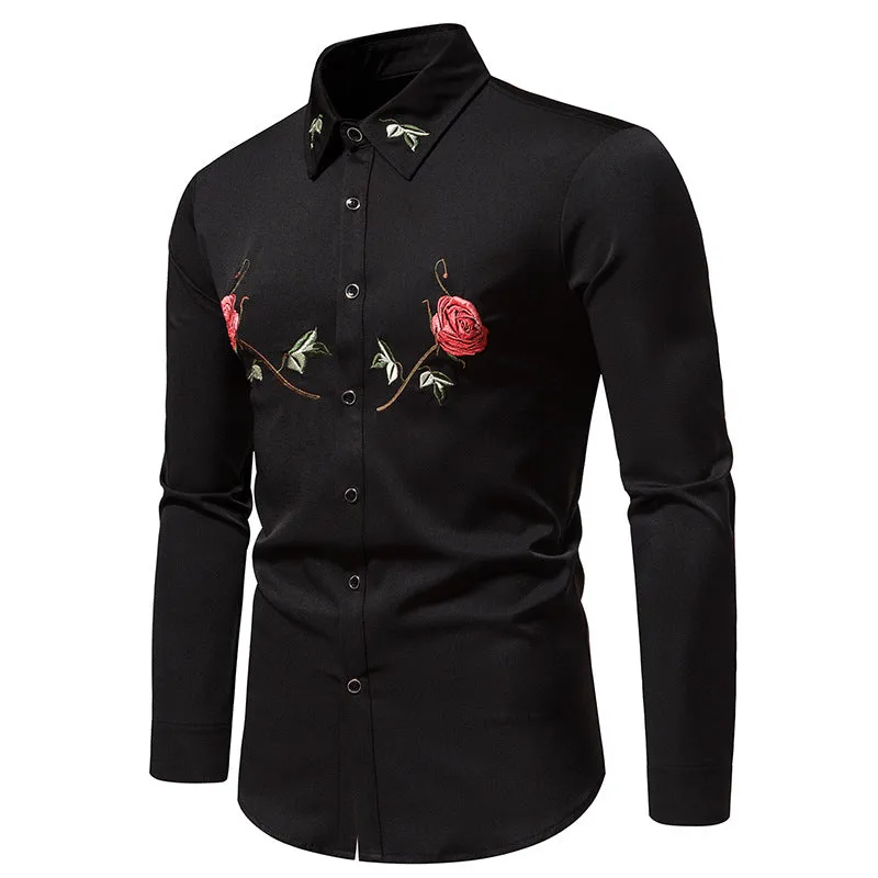 Men Turnover Collar Embroidery Floral Fabric Long Sleeves Shirt