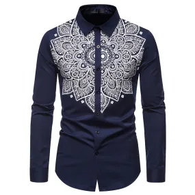 Men Turnover Collar Embroidery Floral Fabric Long Sleeves Shirt