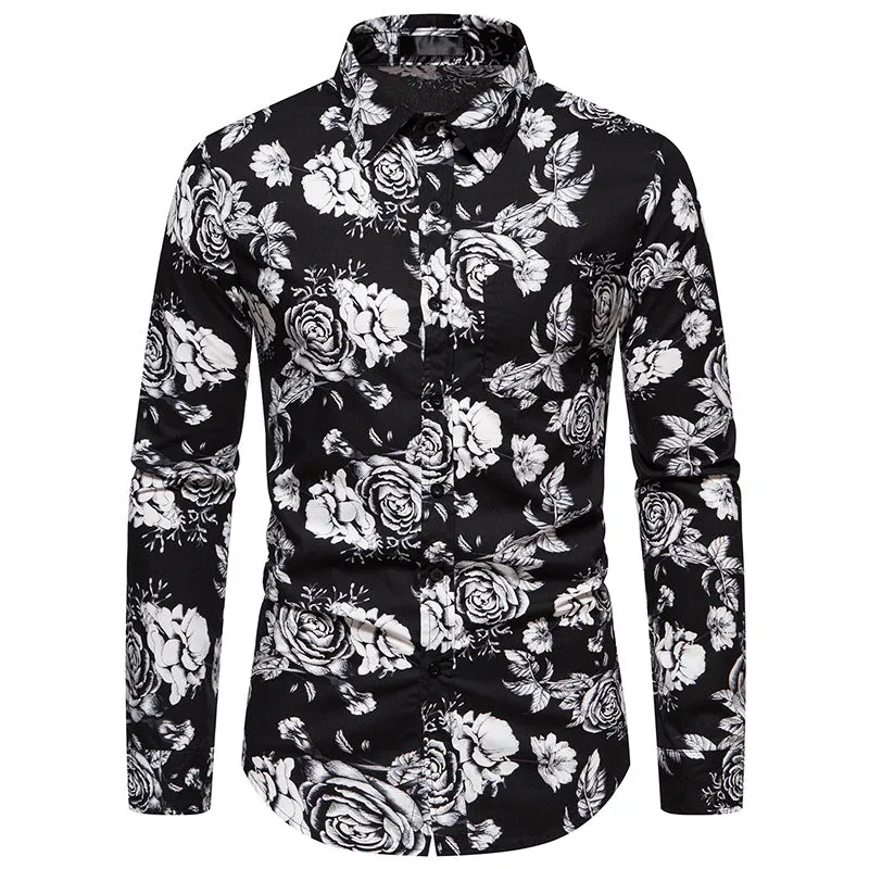 Men Turnover Collar Floral Fabric Prints Long Sleeves Shirt