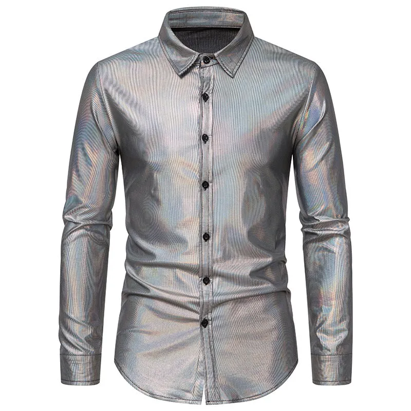 Men Turnover Collar Glossy Long Sleeves Shirt