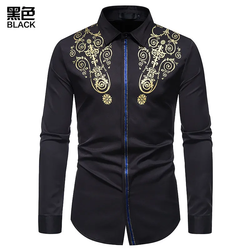 Men Turnover Collar Glossy Prints Long Sleeves Shirt