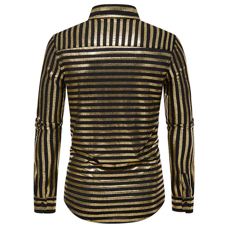 Men Turnover Collar Glossy Stripes Long Sleeves Shirt