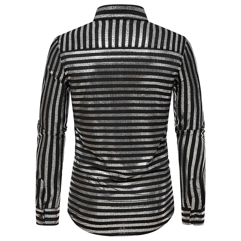 Men Turnover Collar Glossy Stripes Long Sleeves Shirt