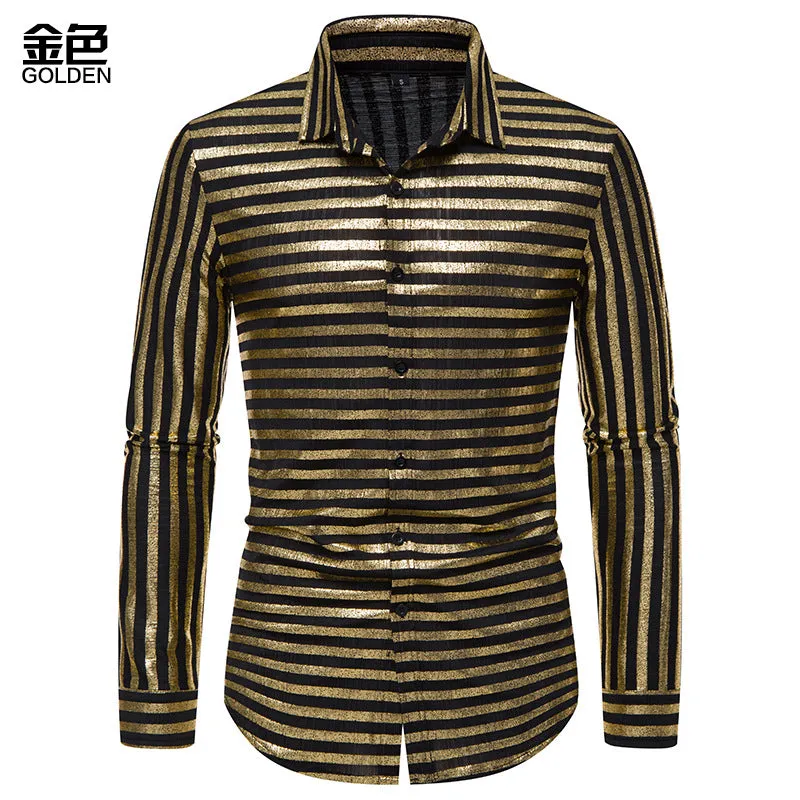 Men Turnover Collar Glossy Stripes Long Sleeves Shirt