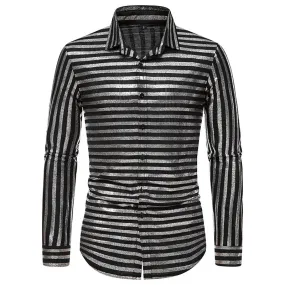 Men Turnover Collar Glossy Stripes Long Sleeves Shirt