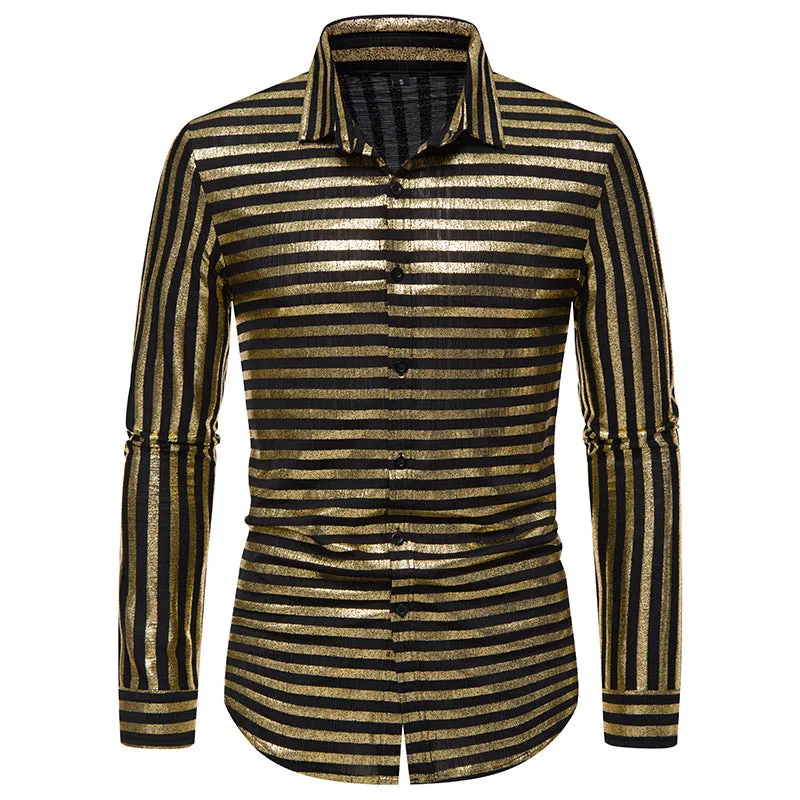 Men Turnover Collar Glossy Stripes Long Sleeves Shirt