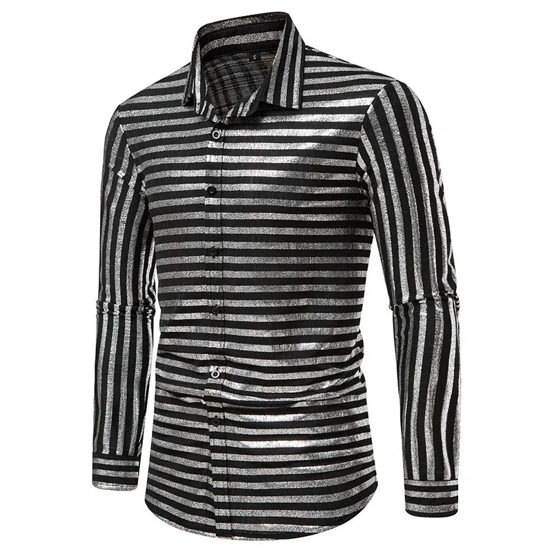 Men Turnover Collar Glossy Stripes Long Sleeves Shirt