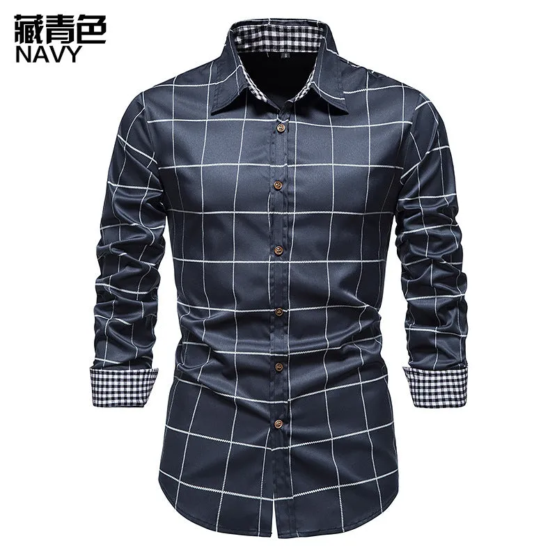 Men Turnover Collar Lattice Long Sleeves Shirt