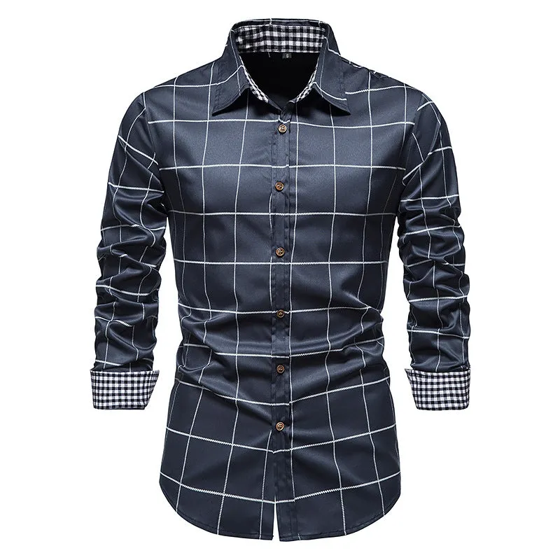 Men Turnover Collar Lattice Long Sleeves Shirt