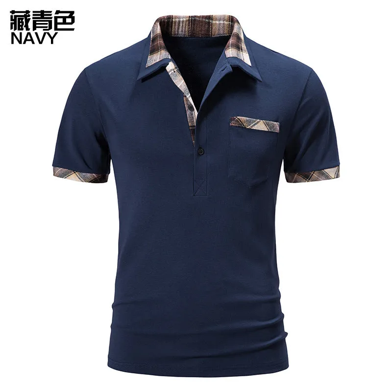 Men Turnover Collar Lattice Short Sleeves T-Shirt