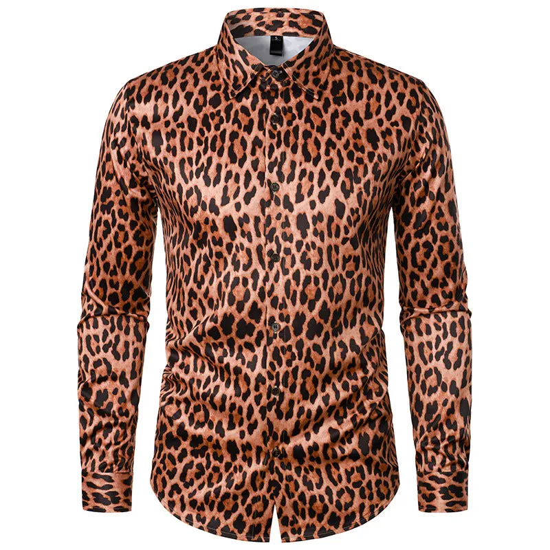 Men Turnover Collar Leopard Patterns Long Sleeves Shirt