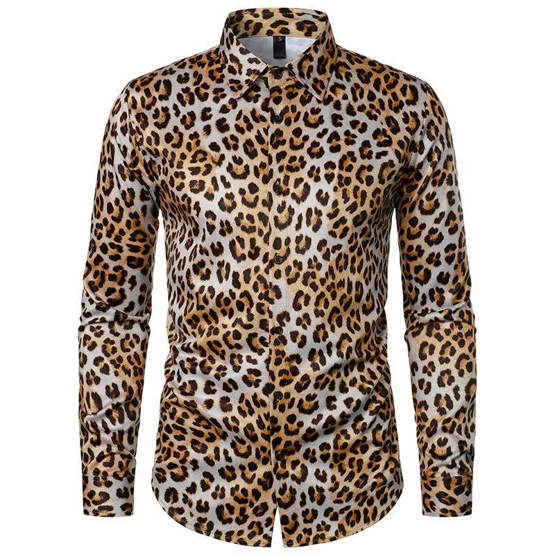 Men Turnover Collar Leopard Patterns Long Sleeves Shirt