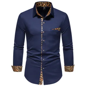 Men Turnover Collar Leopard Patterns Long Sleeves Shirt