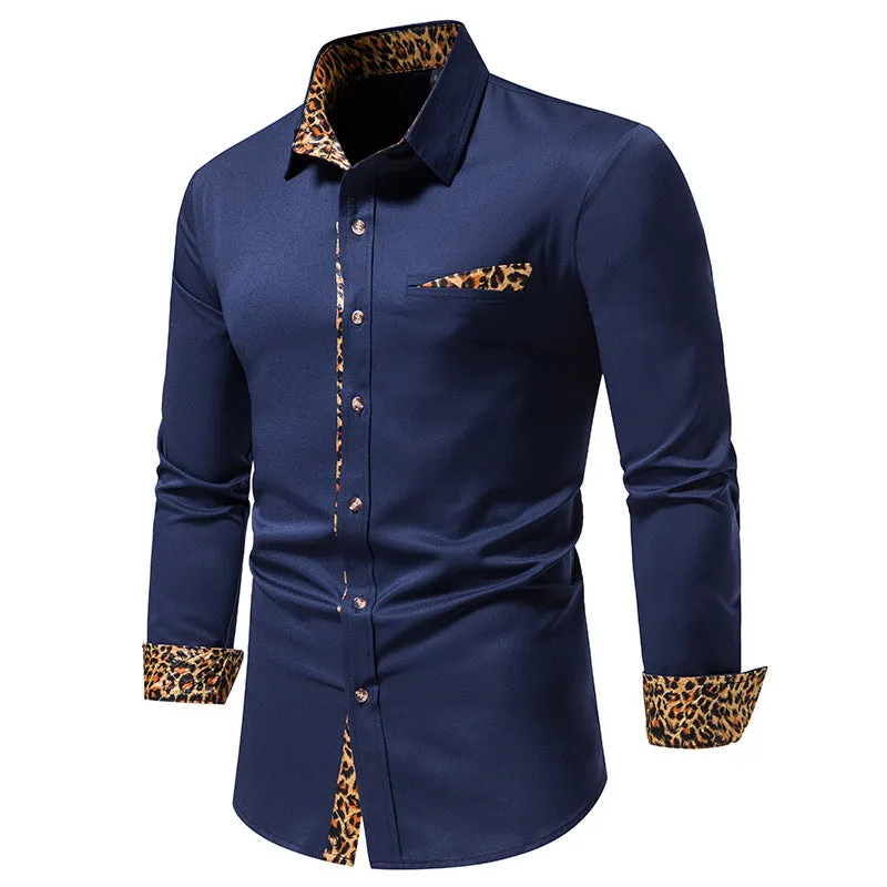 Men Turnover Collar Leopard Patterns Long Sleeves Shirt