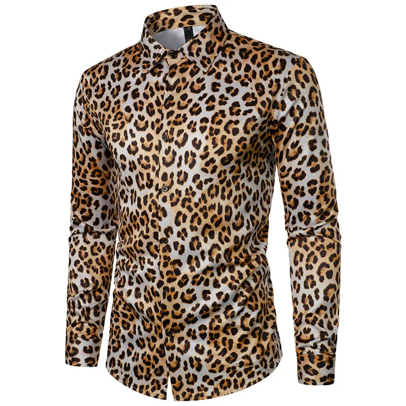 Men Turnover Collar Leopard Patterns Long Sleeves Shirt