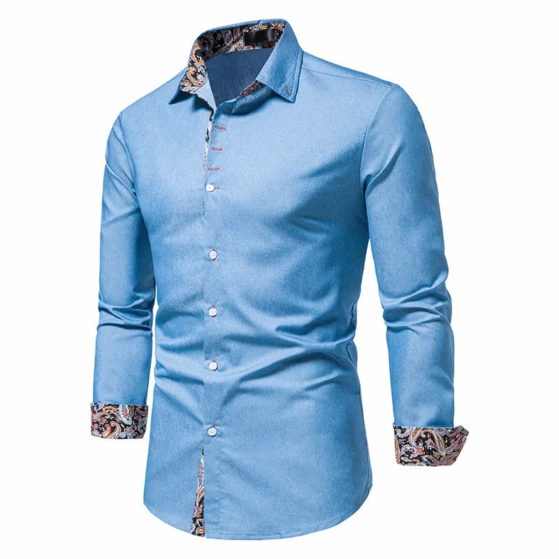 Men Turnover Collar Oriental Prints Long Sleeves Shirt