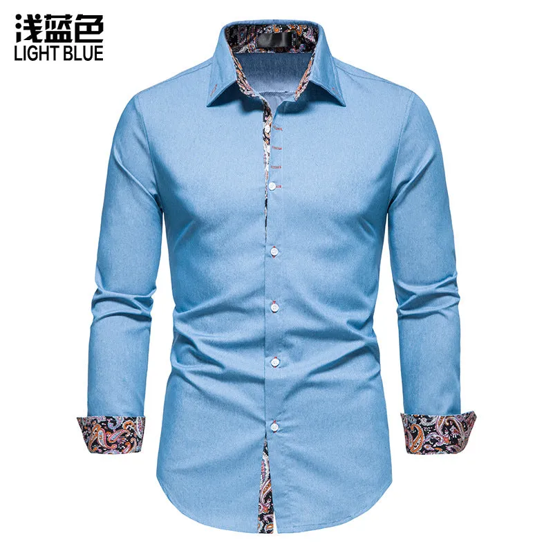 Men Turnover Collar Oriental Prints Long Sleeves Shirt