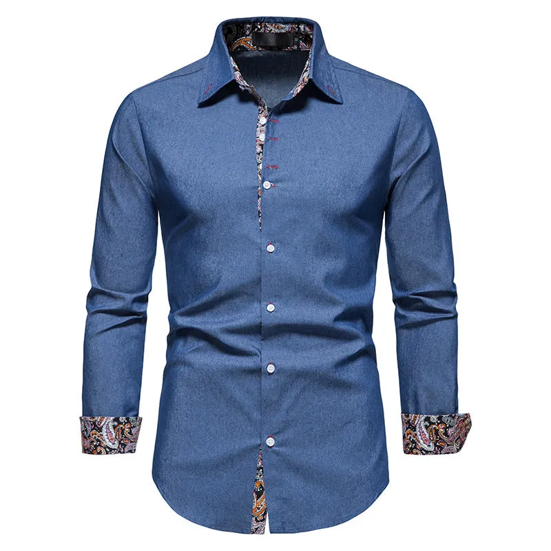 Men Turnover Collar Oriental Prints Long Sleeves Shirt