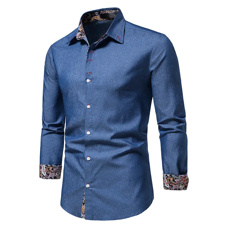 Men Turnover Collar Oriental Prints Long Sleeves Shirt