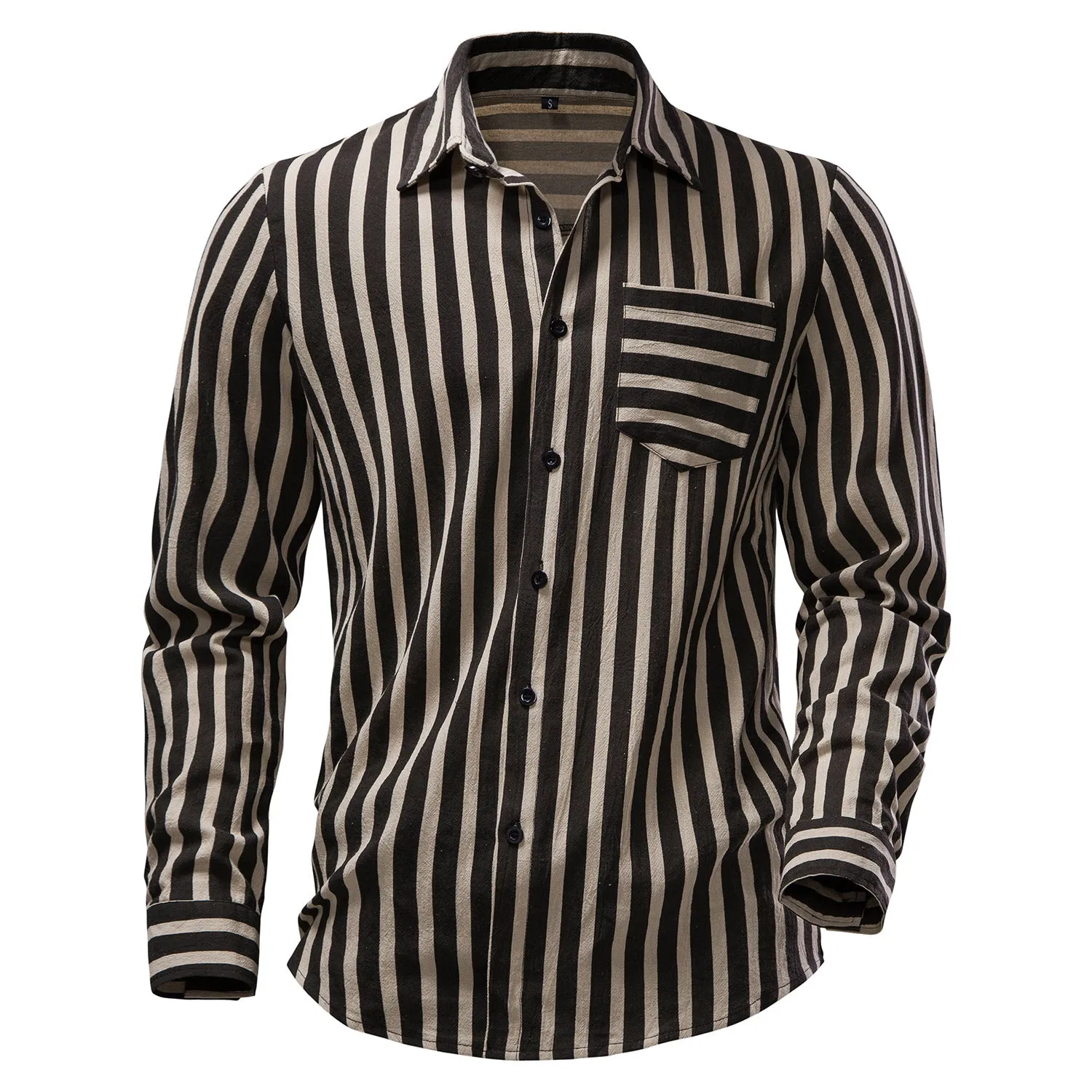 Men Turnover Collar Pockets Stripes Long Sleeves Shirt