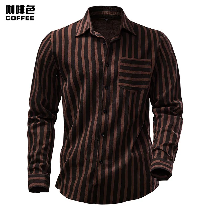 Men Turnover Collar Pockets Stripes Long Sleeves Shirt