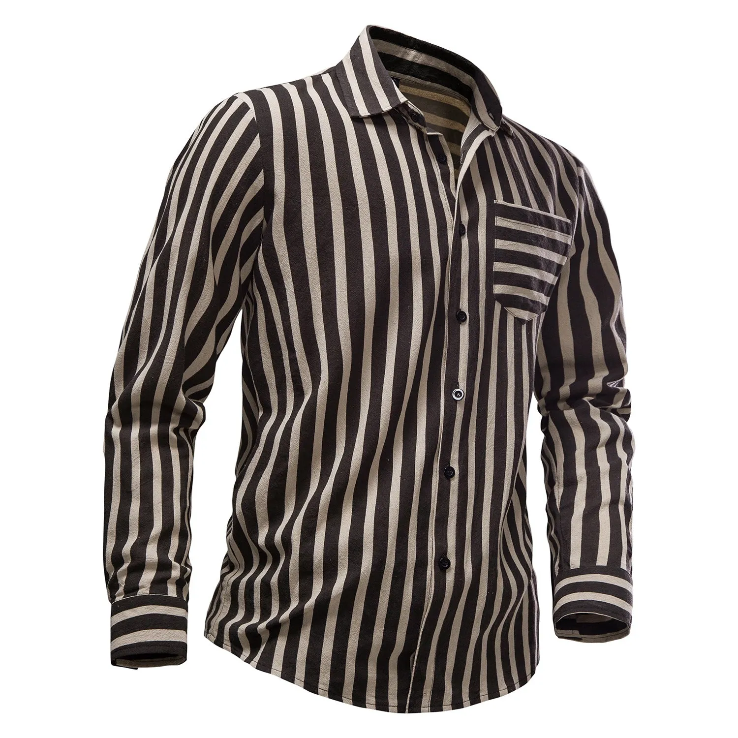 Men Turnover Collar Pockets Stripes Long Sleeves Shirt