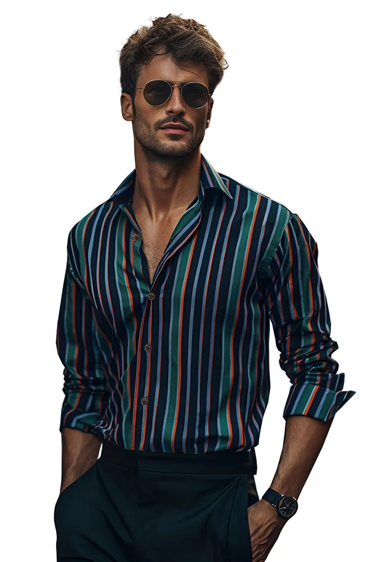 Men Turnover Collar Stripes Long Sleeves Shirt