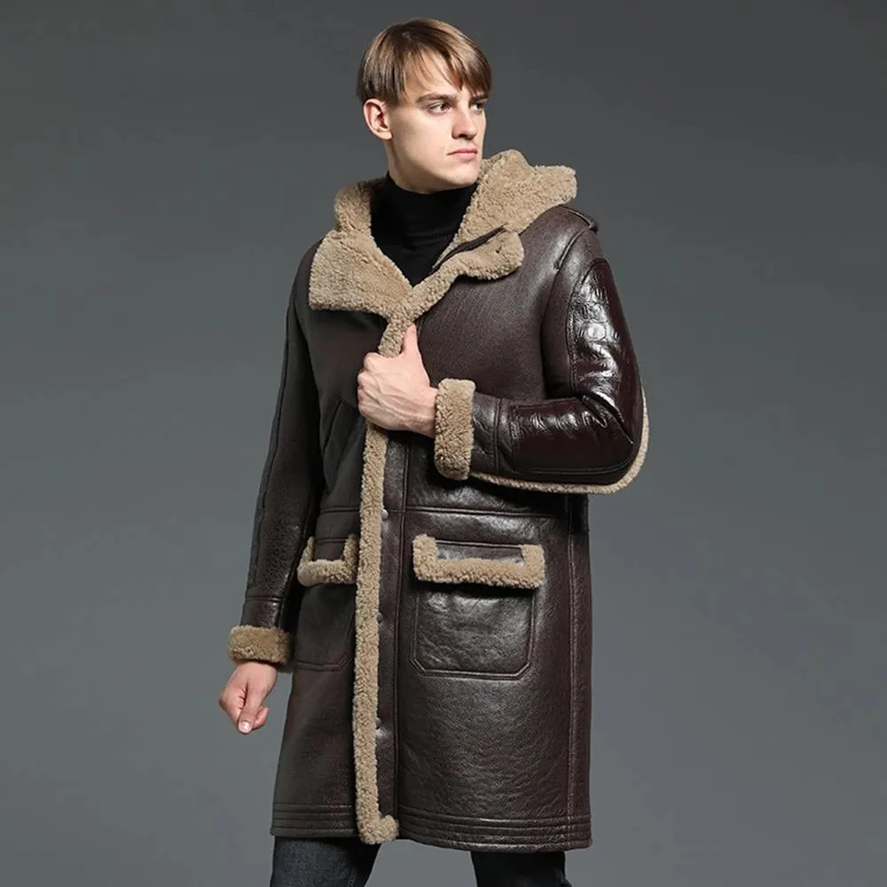 Men's B3 Shearling Jacket Coat Men's Winter Leather Jacket Men's Long Thick Coat