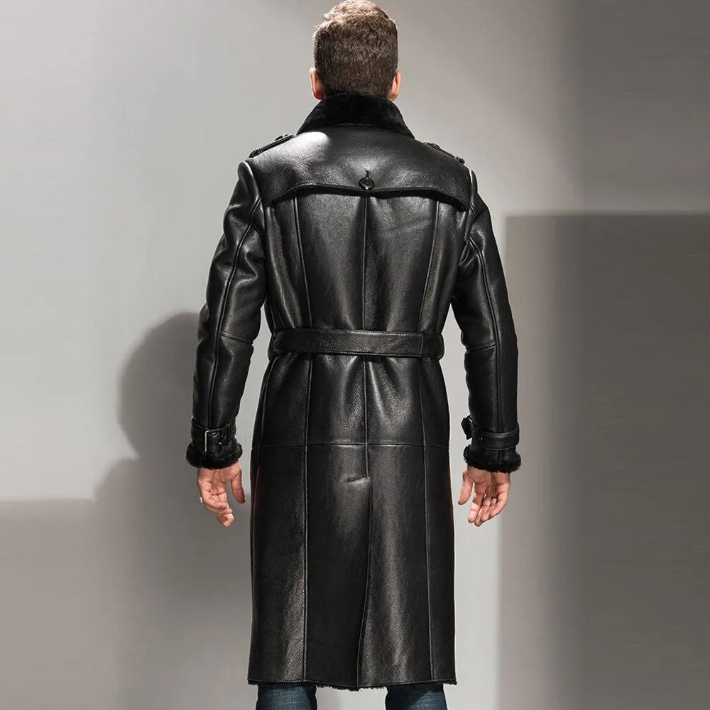 Men's Sheepskin Shearling Coat Black Leather Jacket Long coat