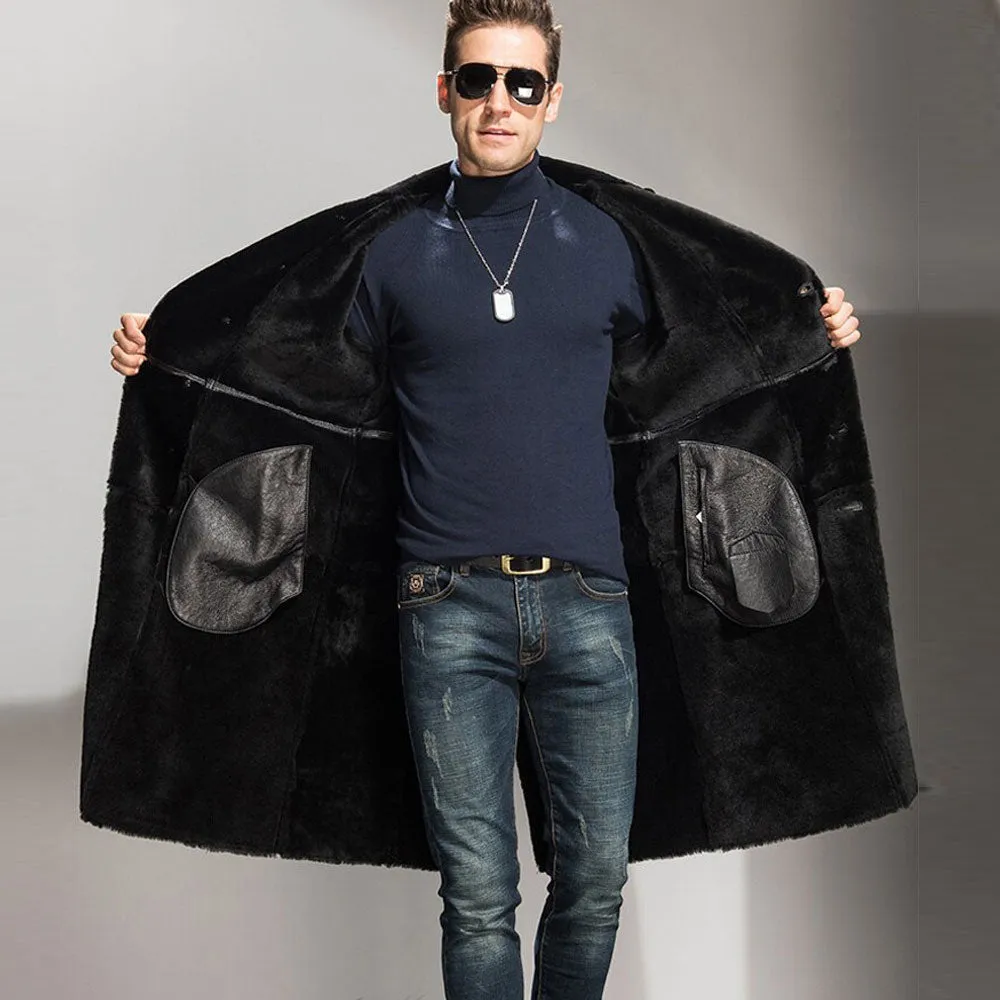 Men's Sheepskin Shearling Coat Black Leather Jacket Long coat